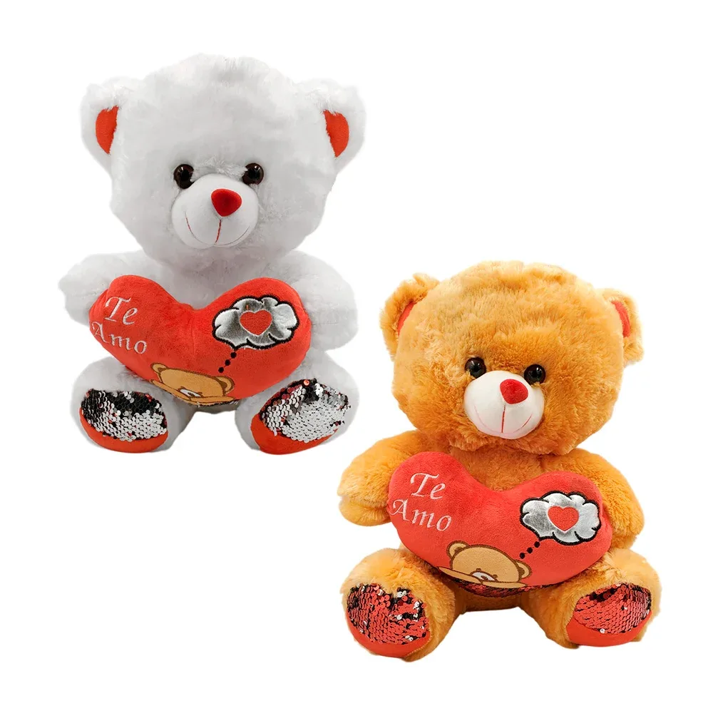 Peluche afelpado de oso con corazón te amo y lentejuelas, 36cm / qr-650