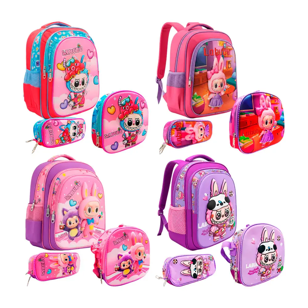 Mochila de 3 compartimentos + lapicera y lonchera con diseño de labubu + luz led