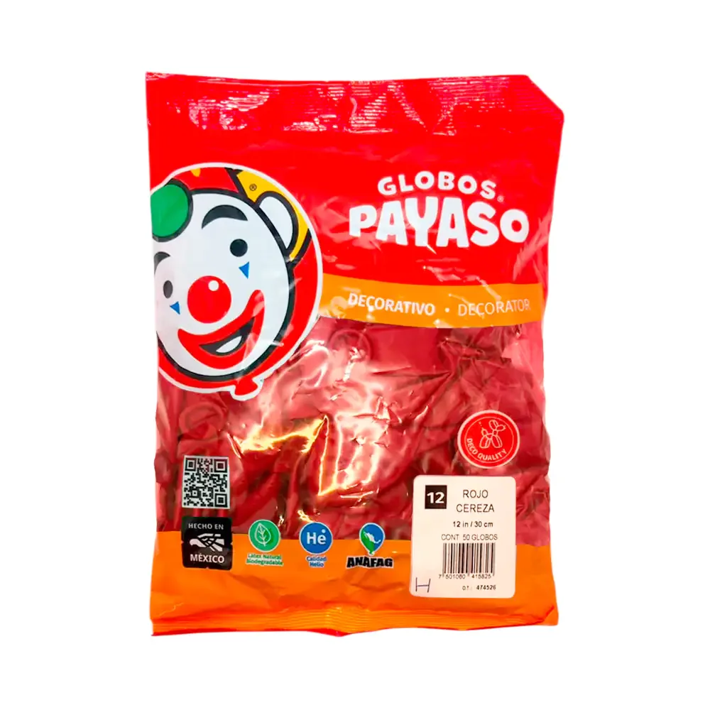 Paquete con 50 globos payaso de 12 pulgadas en tono rojo cereza / 415825