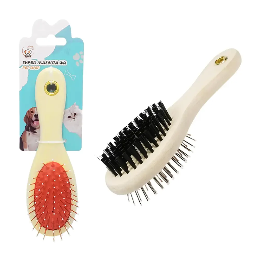 Cepillo doble de madera para mascota con cerdas metálicas y suaves / 35694
