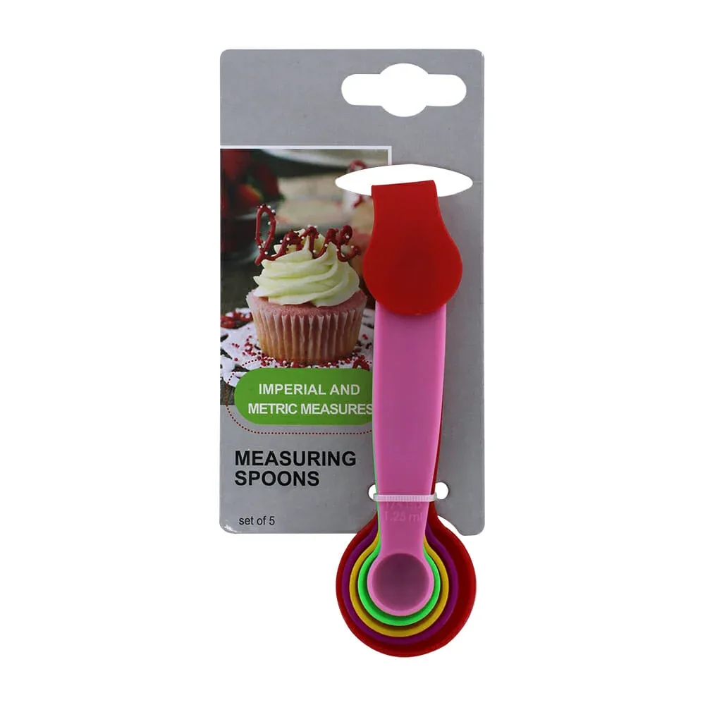 Blíster con 5 cucharas de plástico medidoras, variedad de colores / measuring spoons / zc-0348