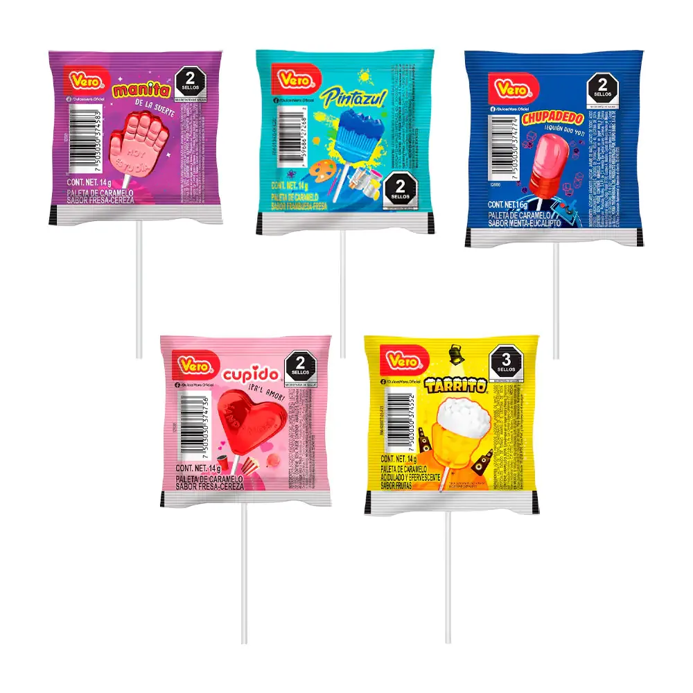 1pz paleta de caramelo vero, variedad de sabores y formas, 14g / 374552