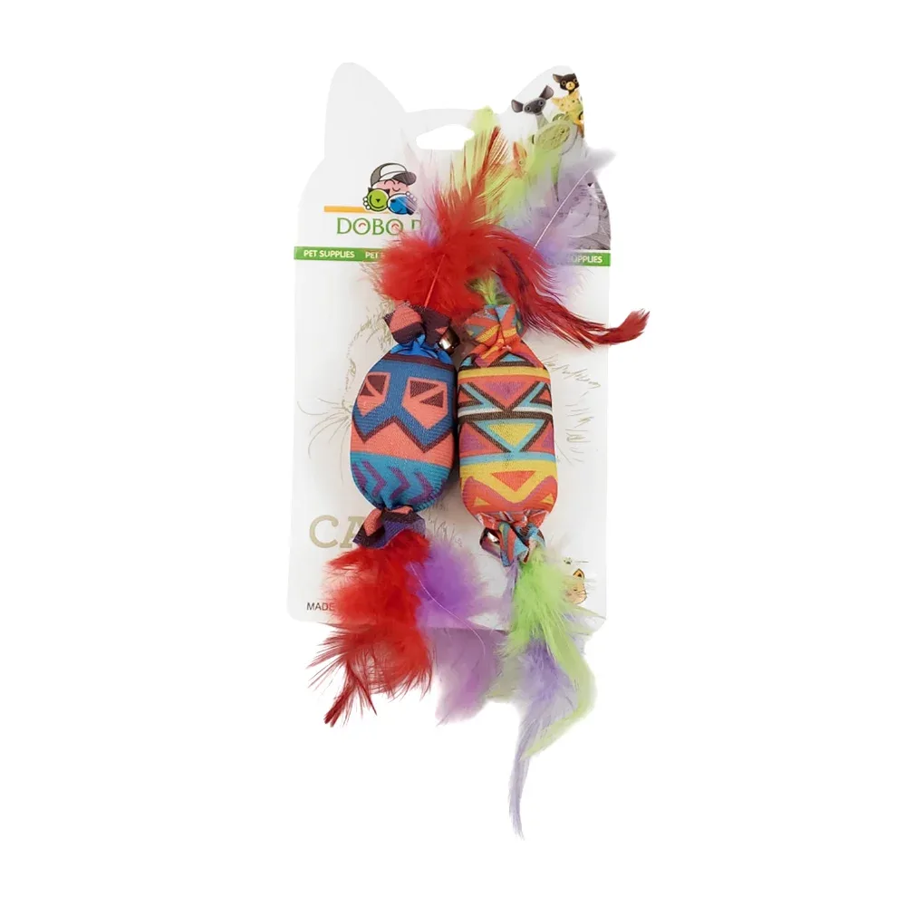 Blíster con 2 juguetes para gatos, tela suave con cascabeles y plumas, variedad