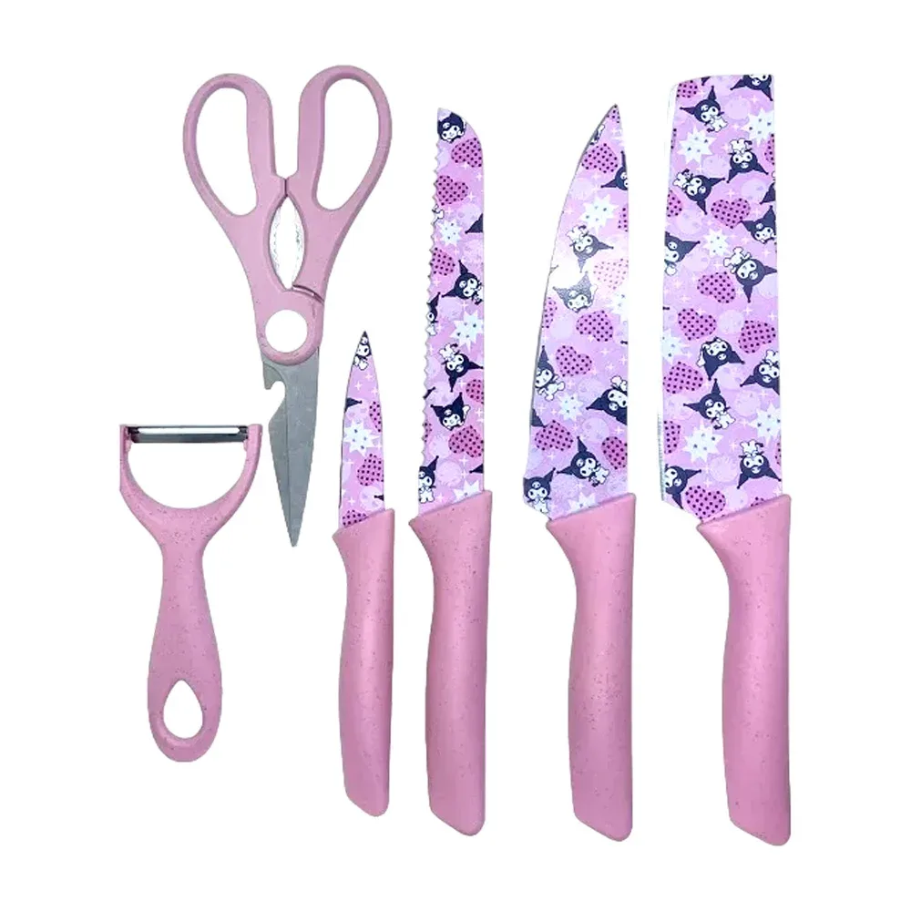 Set de 4 cuchillos, pelador y tijeras con estampado de hello kitty o kuromi / ereasthqs / cuc2