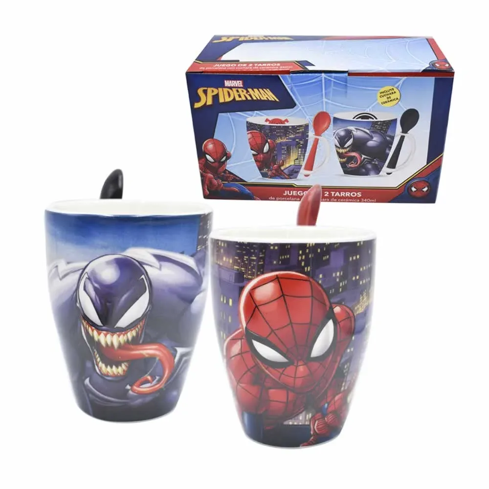 Juego 2 tazas de porcelana con diseño de spider-man + 2 cucharas de cerámica / 1738-203