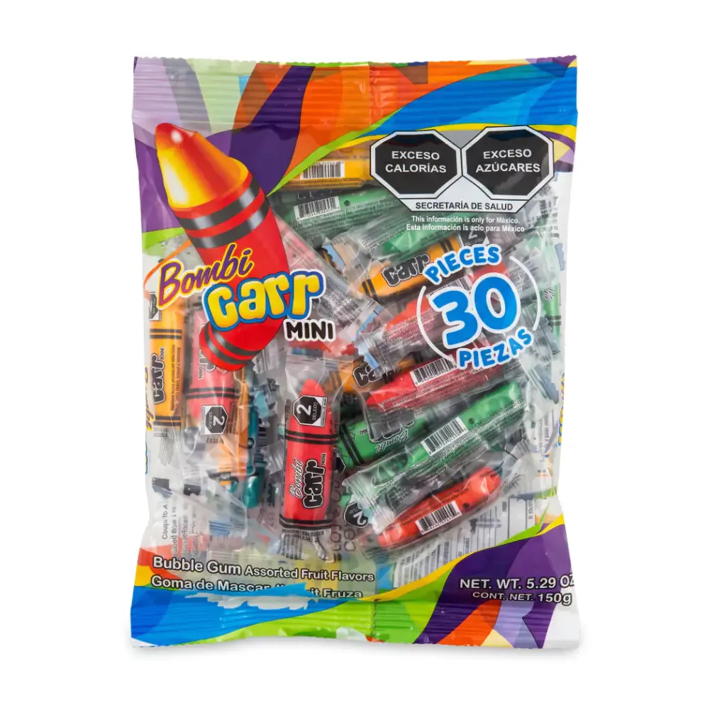 Paquete con 30 mini chicle bombi carr en forma de crayones sabor a frutas, 150g