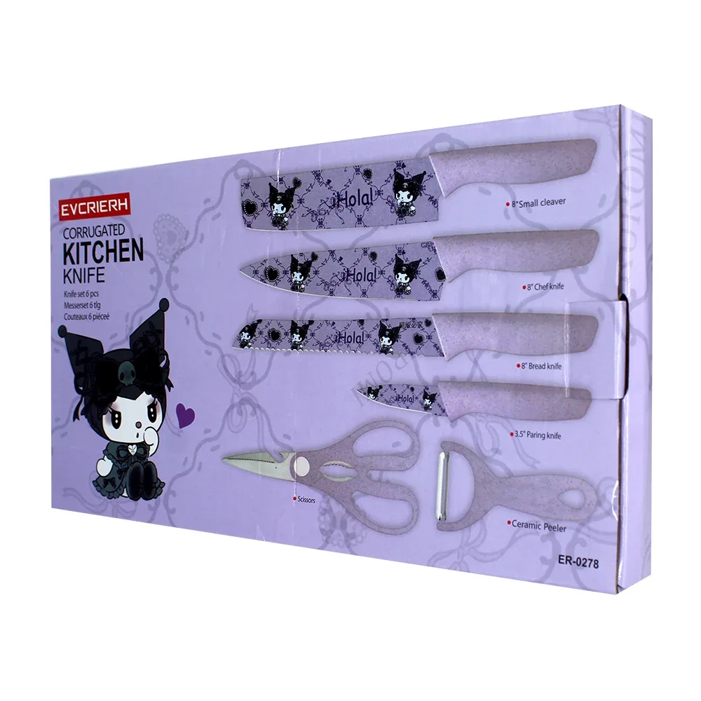 Kit de cocina con 4 cuchillos de diversos tamaños, tijeras, pelador y estampado de kuromi