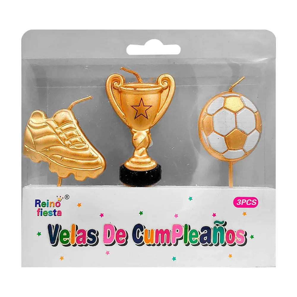 Paquete con 3 velas, en forma de balon, copa y tenis deportivo metálico