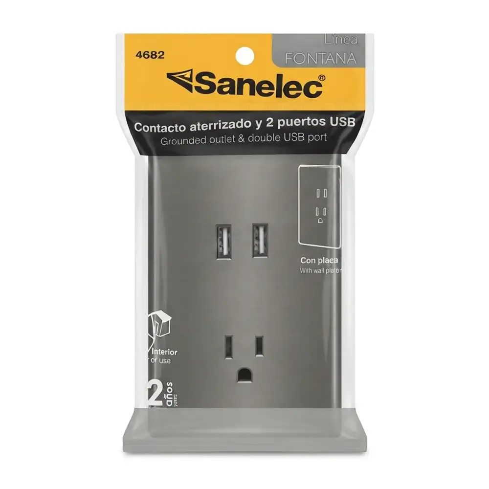 Placa fontana con 1 contacto color gris + 2 puertos usb, sanelec
