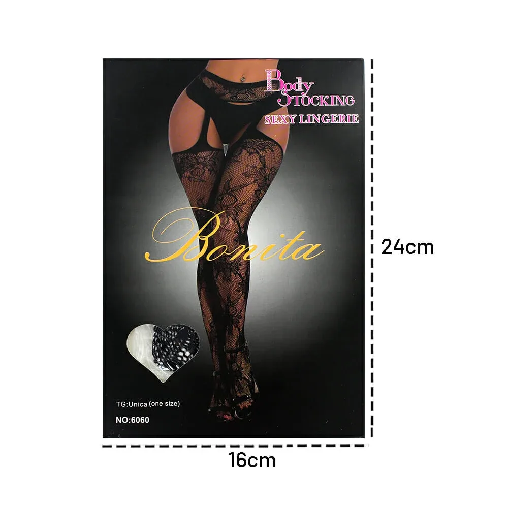 Lencería color negro para dama, malla pantimedia de red y liguero con diseño de flores / bonita / 6060