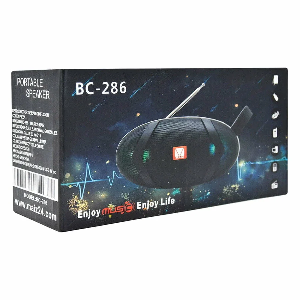 Bocina inalámbrica en forma ovalada con antena y entradas usb, v8 y auxiliar, variedad de colores / bc-286