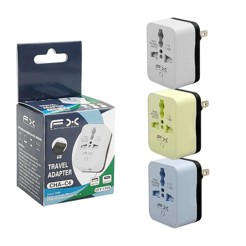 Enchufe adaptador universal para viaje, multiples conectores, 1 usb-c y 1 usb