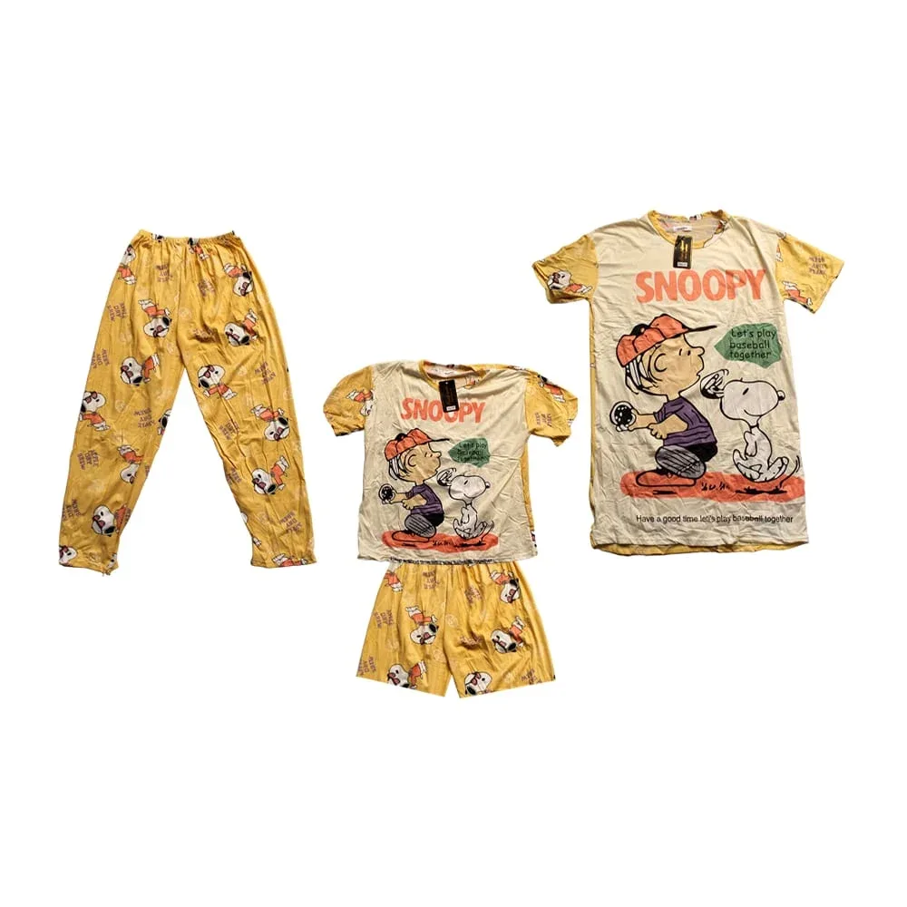 Conjunto pijama para adulto de 4 piezas pans, short, camisa de manga corta y bata con diseño de snoopy / 2541