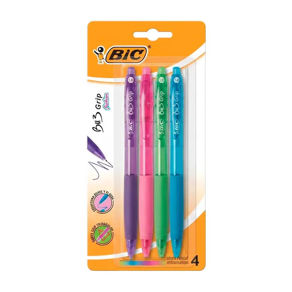 Blíster con 4 plumas bolígrafos bic bu3 grip fashion retráctiles, variedad de colores