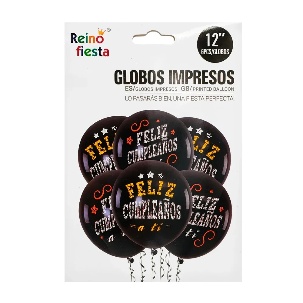 Paquete 6 globos de latex de 12´ impresos con frase feliz cumpleaños / 50318