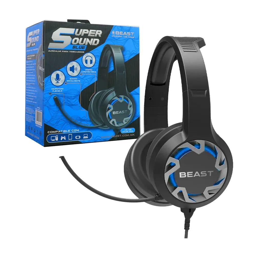 Audífonos diadema beast super sound con luz led color azul y micrófono flexible / super sound blue