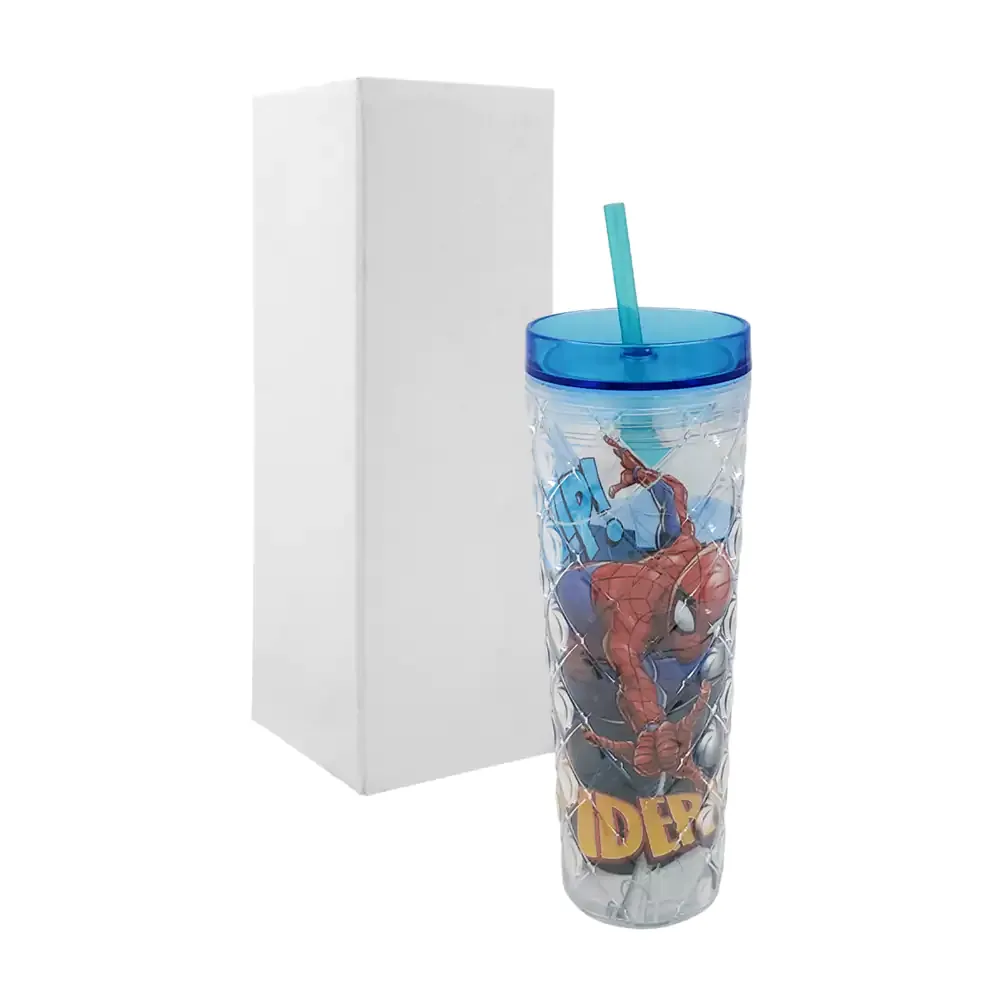 Vaso cilíndrico de acrílico con capacidad de 600ml, relieve de rombo y estampado de spiderman