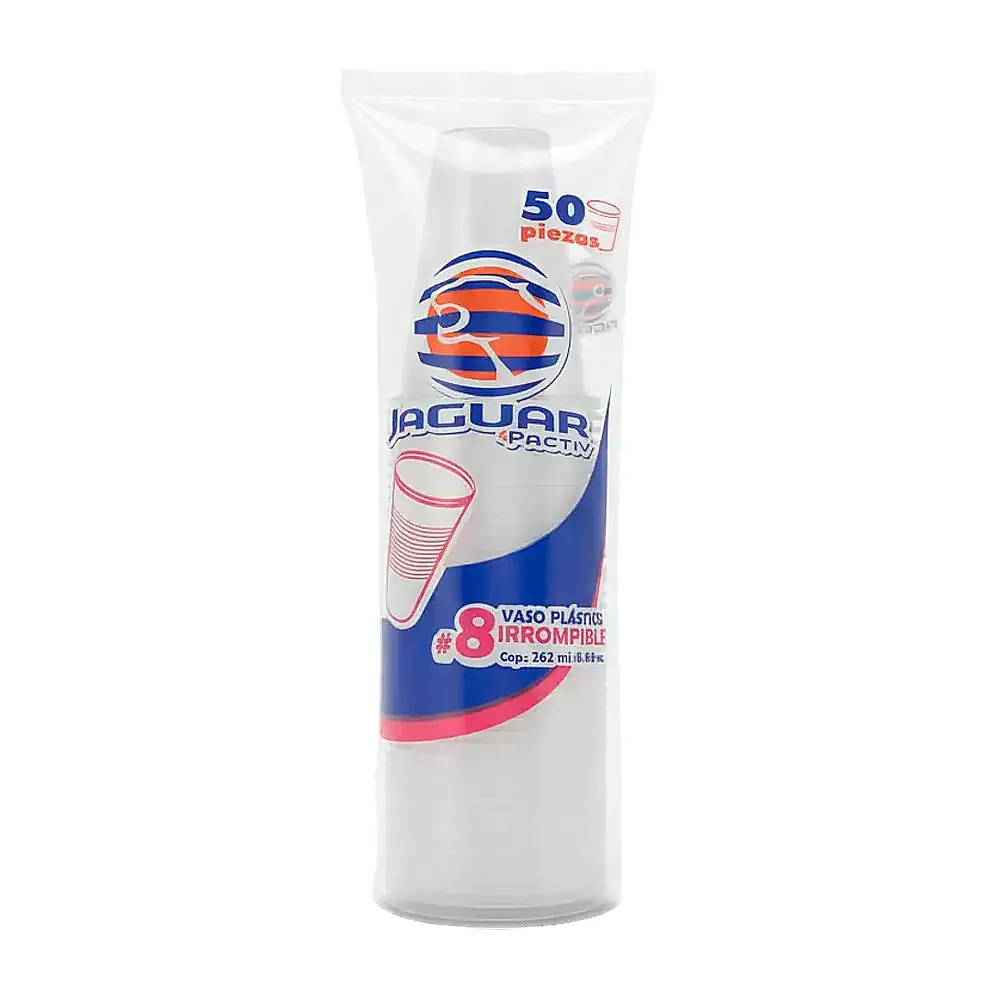 Paquete jaguar con 50 vasos #8 de plástico, 262ml / 031094