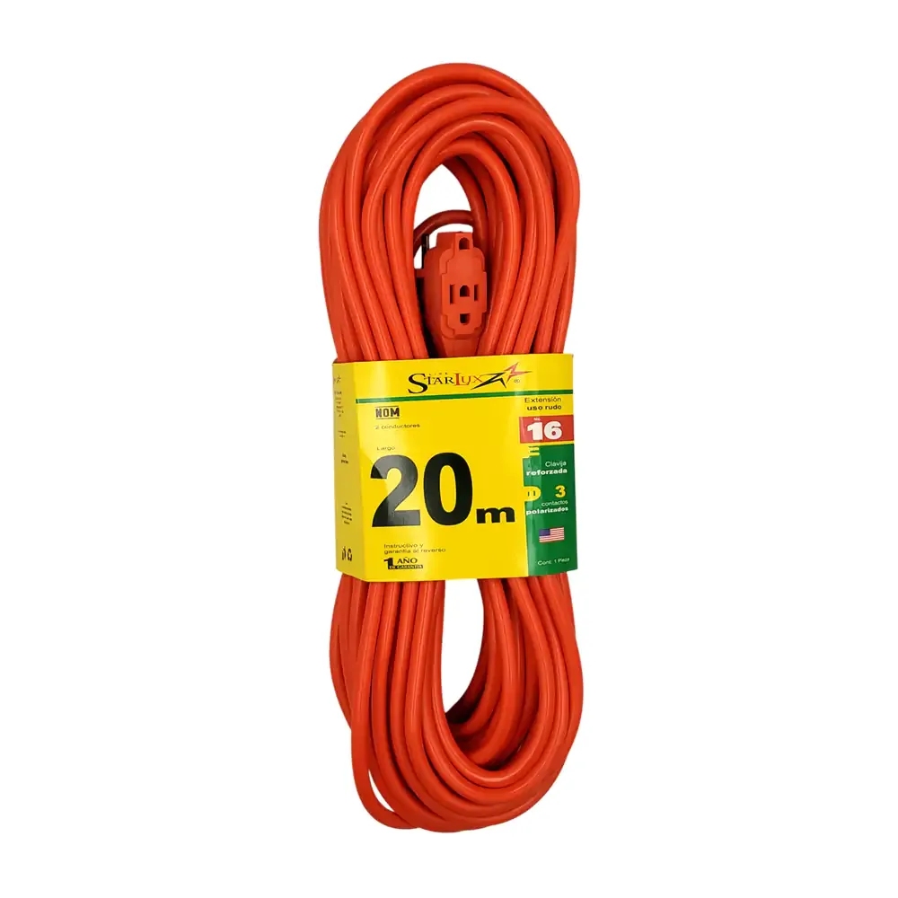 Extensión naranja de 20mts para uso rudo con 3 conectores y clavija bifásica / extn20 / stp-2