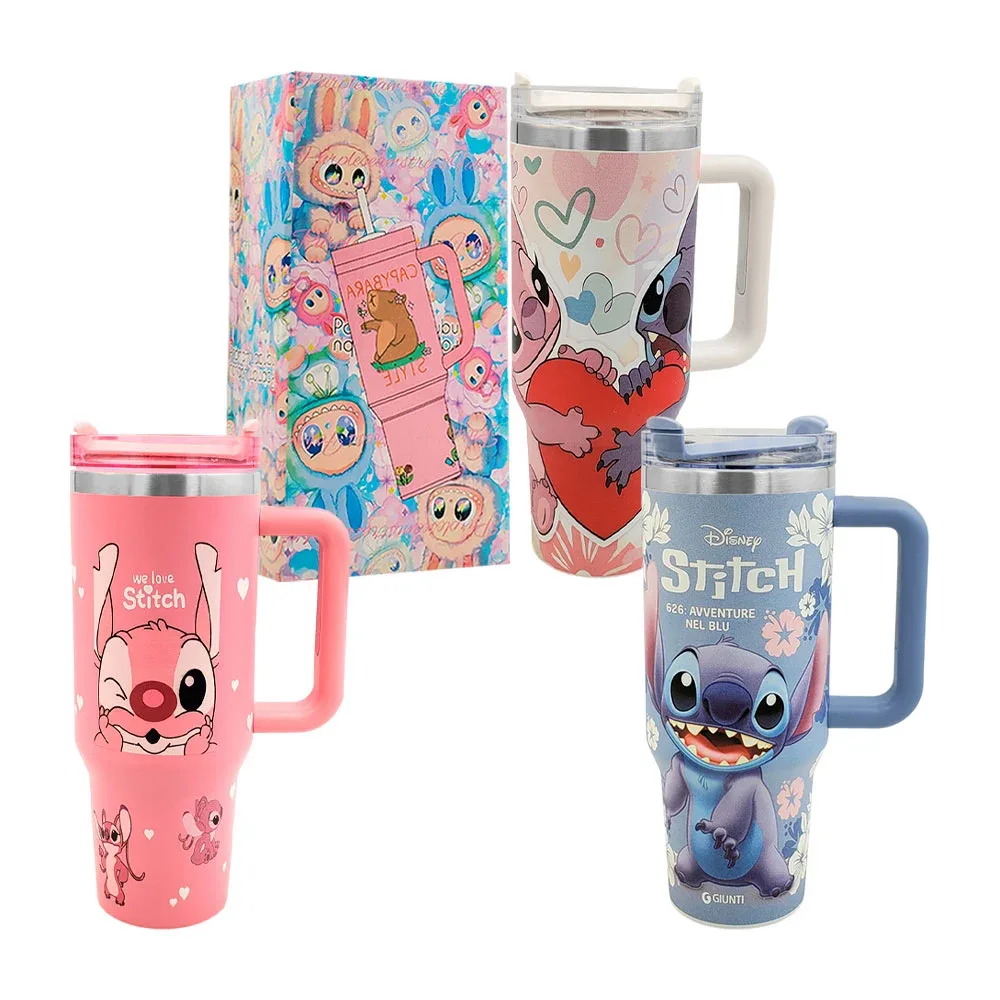 Vaso termo de acero inoxidable, estampado de stith o angela aprox 40 oz + asa