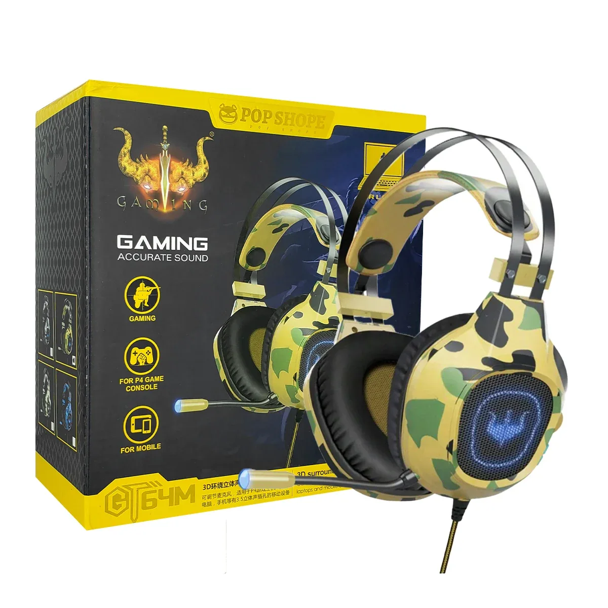 Audífonos diadema gamer pop shope con diseño de camuflaje y micrófono / gt64m