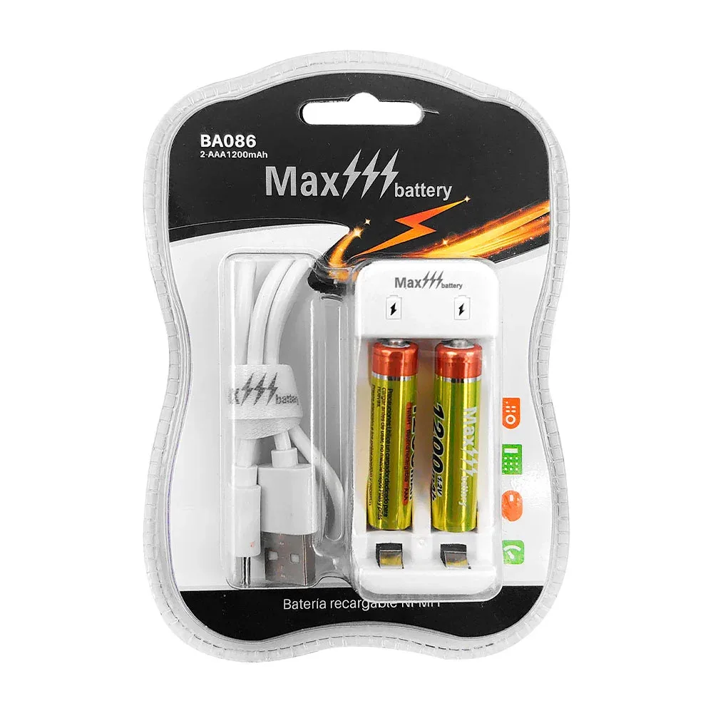 Blíster con 2 pilas / baterías recargable max battery triple aaa + base de carga
