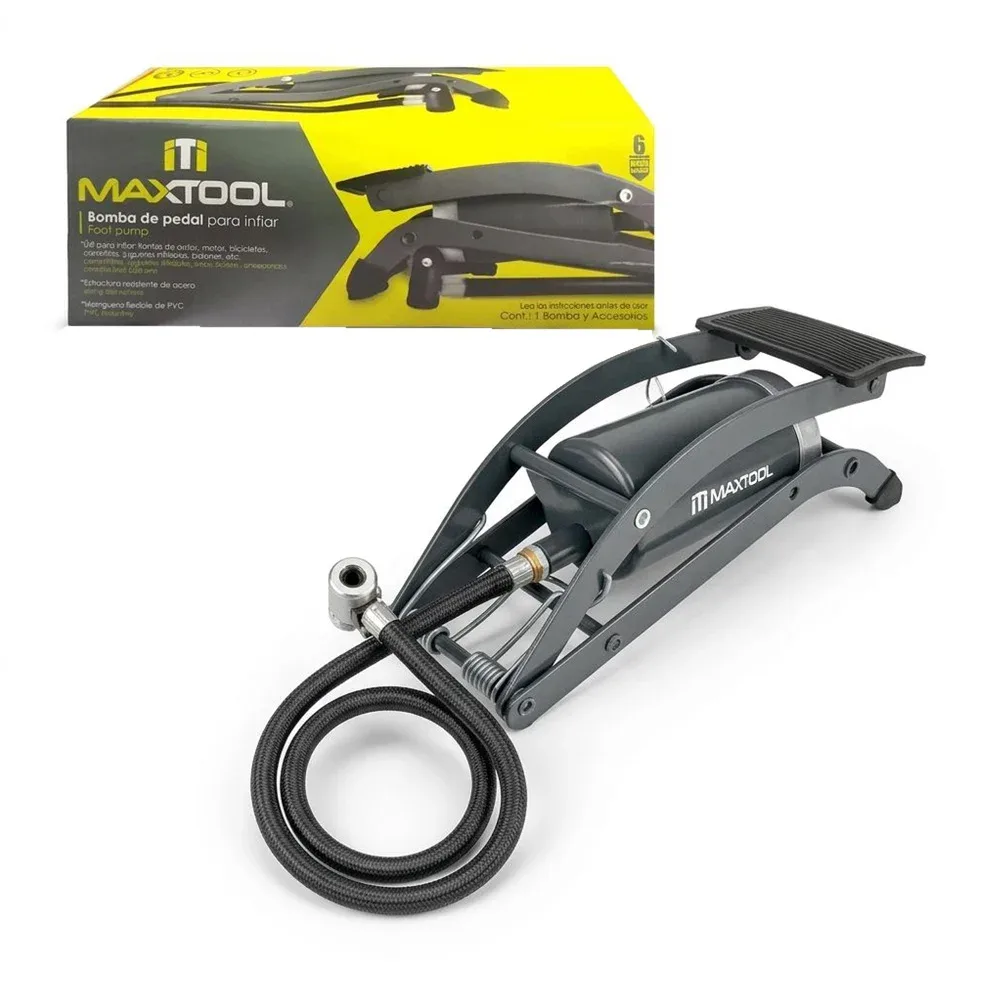 Bomba de pedal maxtool para llantas y juguetes + adaptador para inflables y válvula / 302911