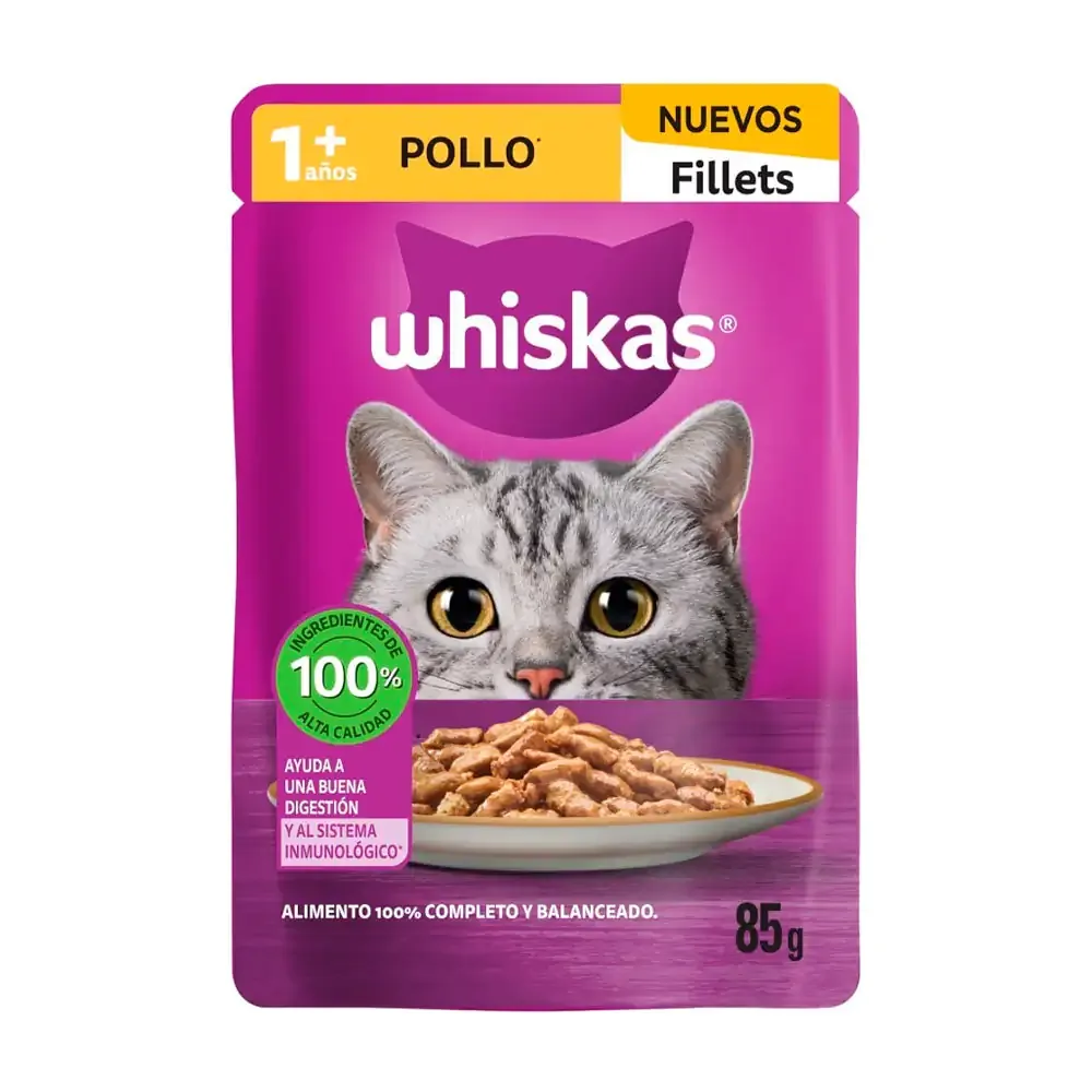 1pz alimento húmedo whiskas, fillets sabor pollo para gatos adultos, 85g / 5907