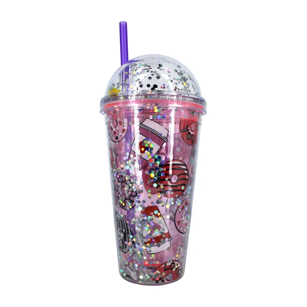 Vaso de acrílico con estampando de donas, luces rgb popote y tapadera de diamantina encapsulada con figuras / a-68