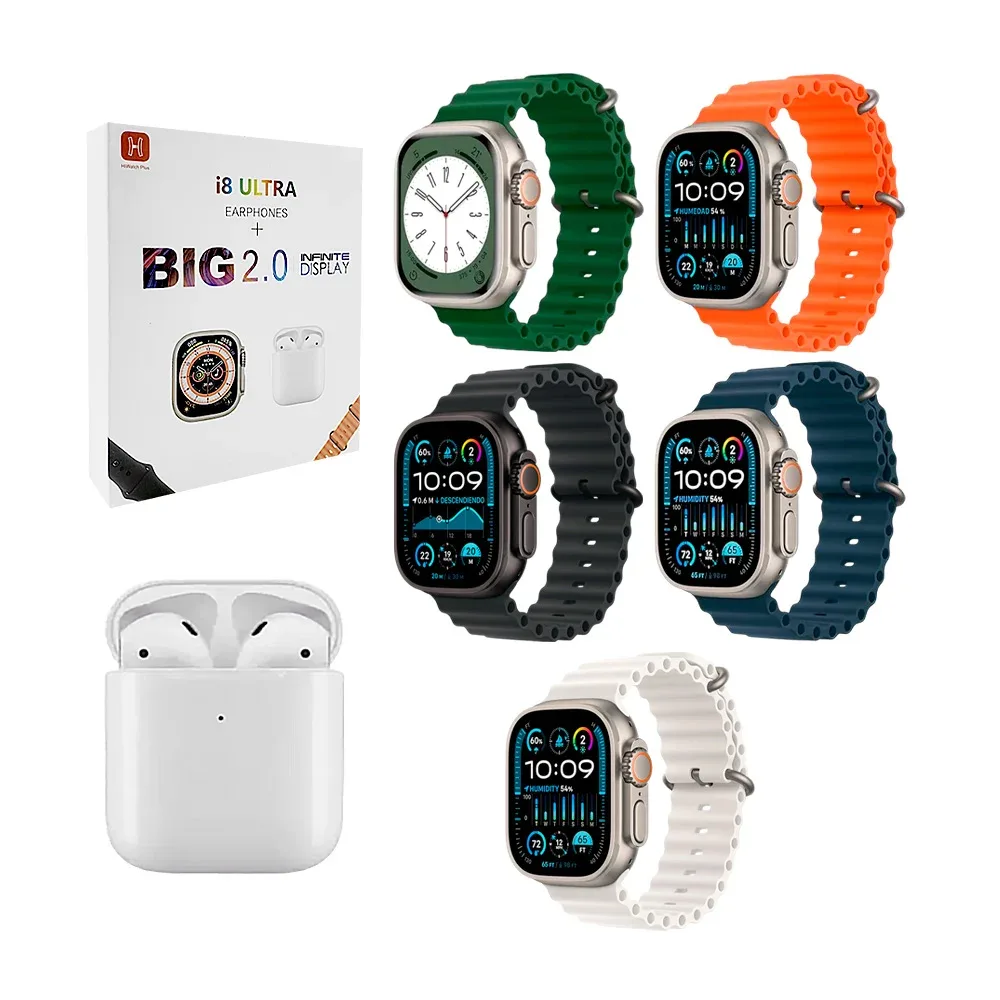 Reloj smartwatch cuadrado 8 ultra con par de correas intercambiables 49mm, cargador usb magnético y audífonos inalámbricos bluetooth, variedad de colores / 15452 / 90473