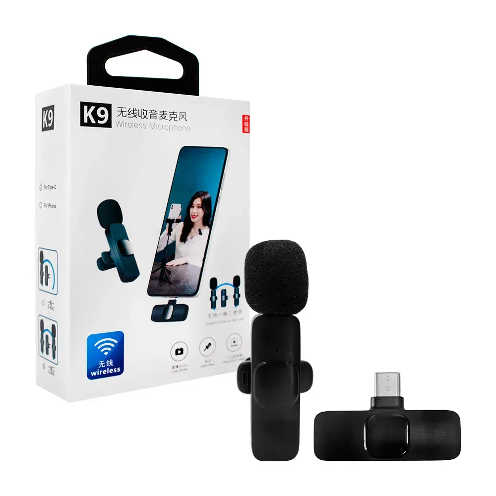 Caja con micrófono de solapa k9 inalámbrico con entrada tipo c y clip para grabación de audio y video / 02087 / k9 wireless microphone