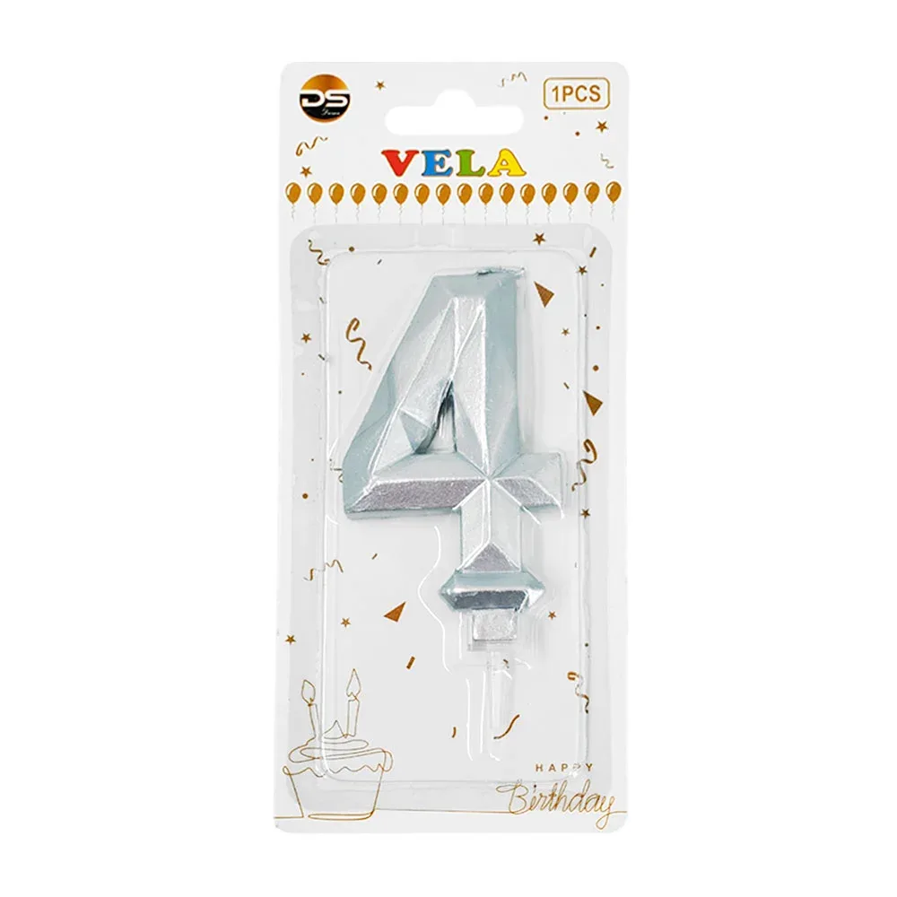 1pza Vela con efecto metálico plateado y forma no.4 para pastel / ds09519