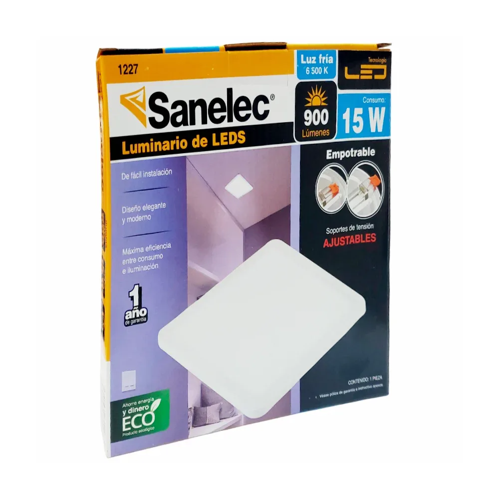 Luminario led cuadrado sanelec de luz fría para techo con consumo de 15w