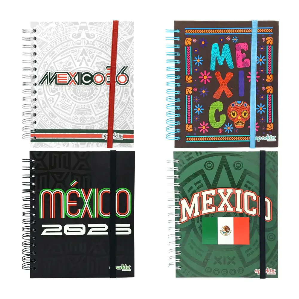 Libreta sparkle pasta dura con doble espiral metálico, estampado méxico 2026