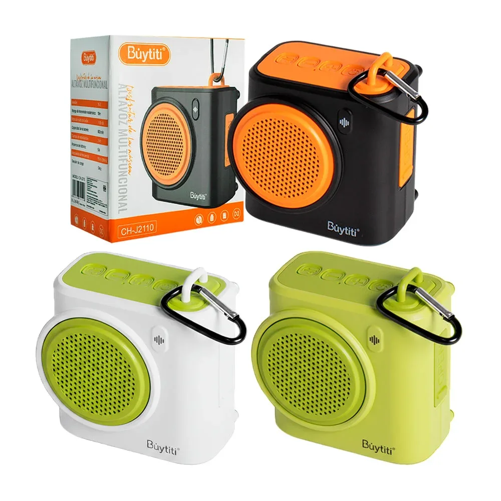Bocina cuadrada pequeña, inalámbrica con puerto usb, tf y radio + mosquetón