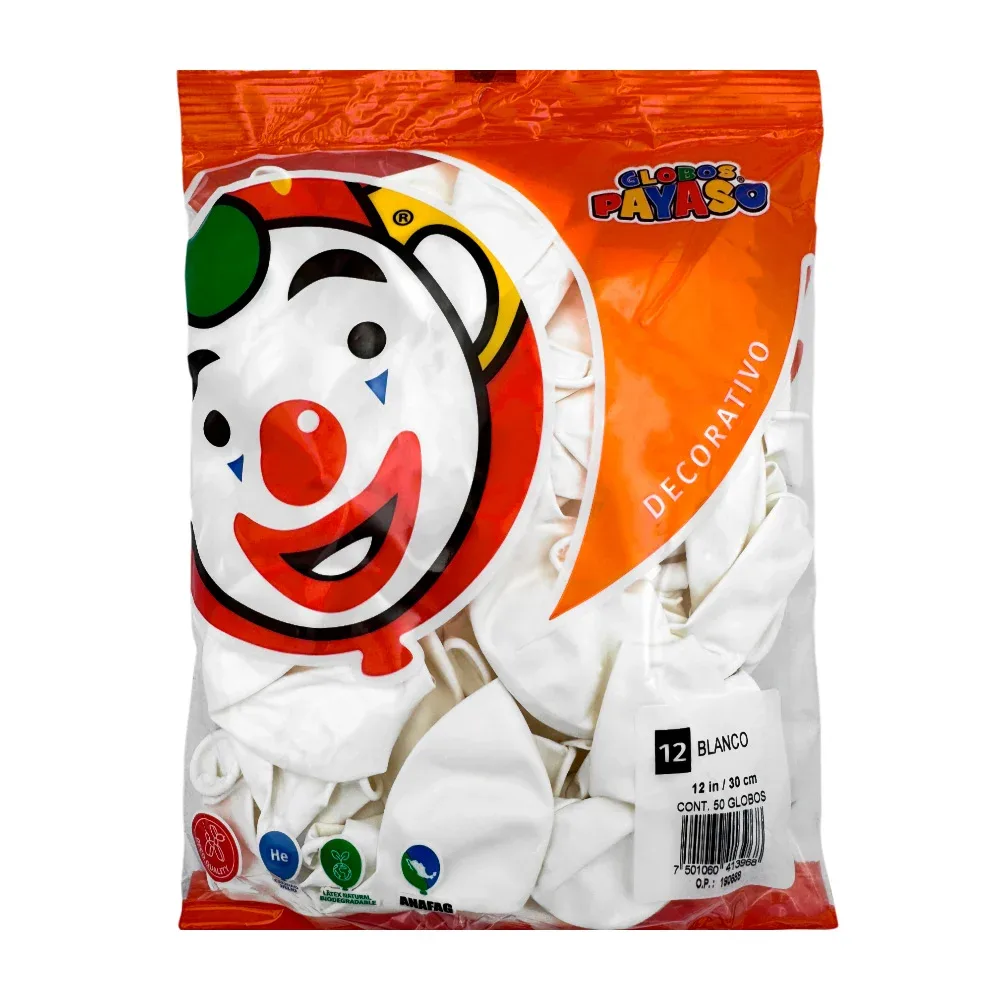 Paquete de 50 globos payaso de 12 in - 30 cm en color blanco / 413968 / globo no. 12