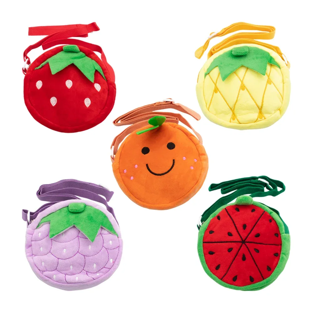 Bolsa pequeña redonda afelpada con diseño y estampado de fruta con asa tipo correa, variedad de modelos / bolsa fruta / kb-8071