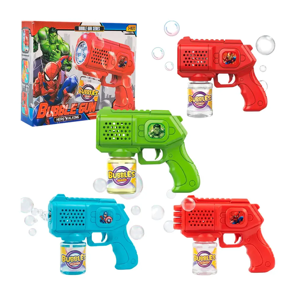 Pistola de burbujas con estampado de superhéroe + botellita de jabón, variedad