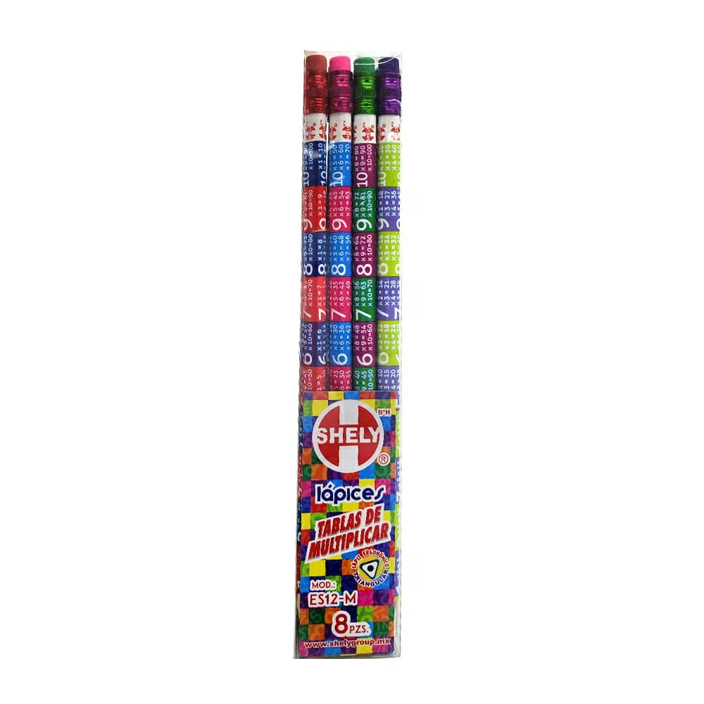 Paquete con 8 lápices de grafito shely de punta triangular con diseño tablas de multiplicar / es12-m