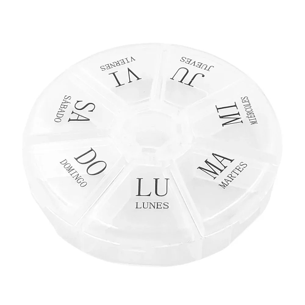 Estuche / pastillero con 7 compartimentos de días semanales y diseño circular