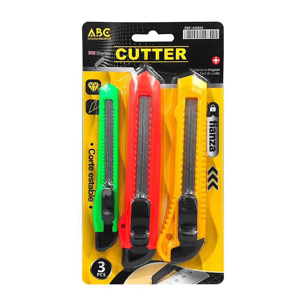 Blíster de 3 cutter en diferentes tamaños, corte estable y botón de seguridad / 429842