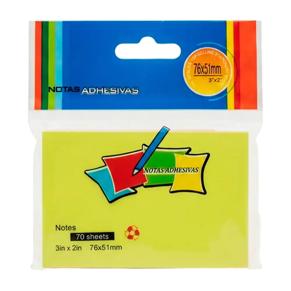 Paquete con 70 post it notas adhesivas rectangulares de 76x51mm, variedad