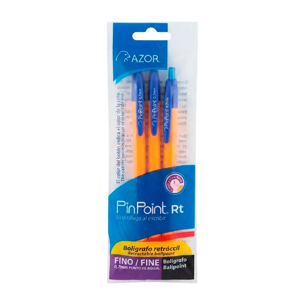 Paquete con 3 plumas bolígrafos azor pin point retractiles color azul de punto fino
