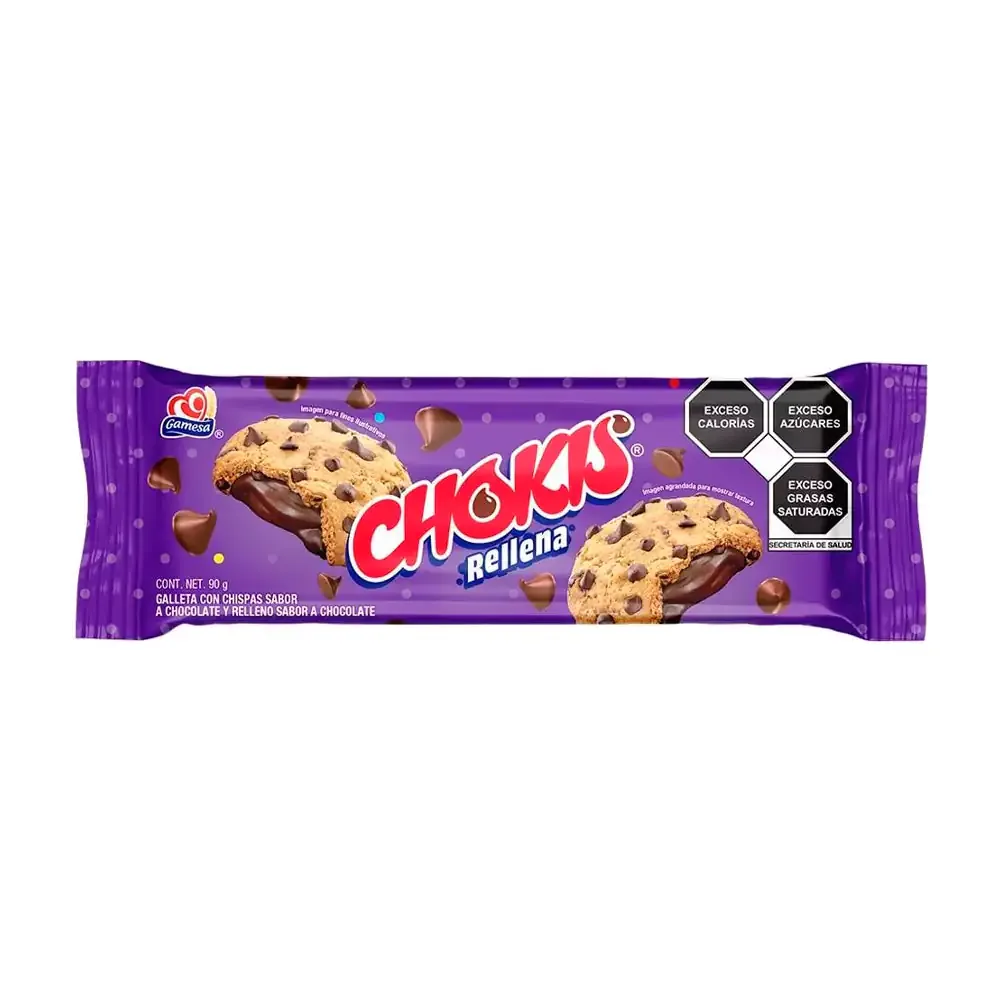 Paquete de galletas chokis, galleta con chispas de chocolate y rellena de chocolate, 90g / 604685