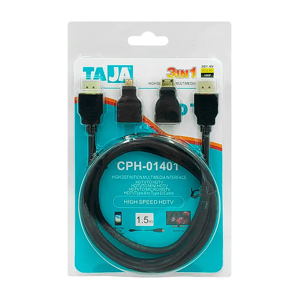 Cable 3 en 1 de 1.5m hdtv a hdtv con 2 puntas adaptadores intercambiables