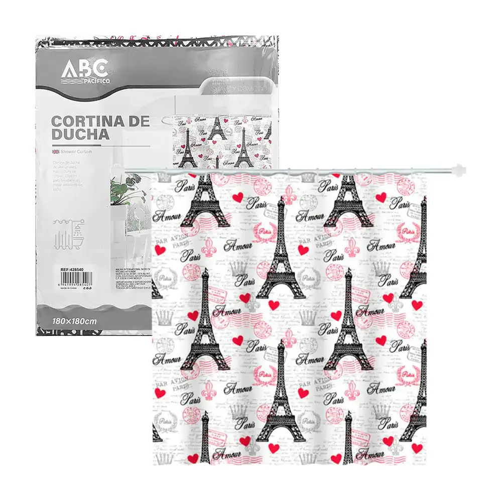 Cortina para baño de plástico resistente 180x180cm con 12 aros y diseño de la torre eiffel