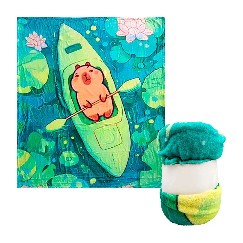 Cobija cobertor afelpado con estampado de capibaras animados, con fondo verde