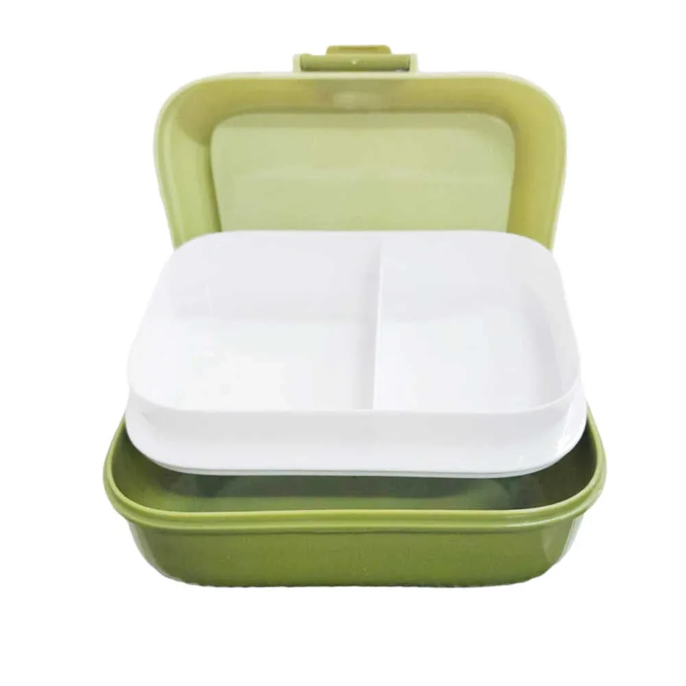 Tupper rectangular de plástico con 2 niveles, 3 compartimientos y 2 cubiertos + diseño animado, variedad de colores / 23-fh-15786