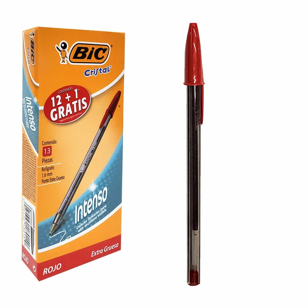 Caja de 12 plumas bolígrafos bic con punta extra gruesa 1.6mm tinta color roja