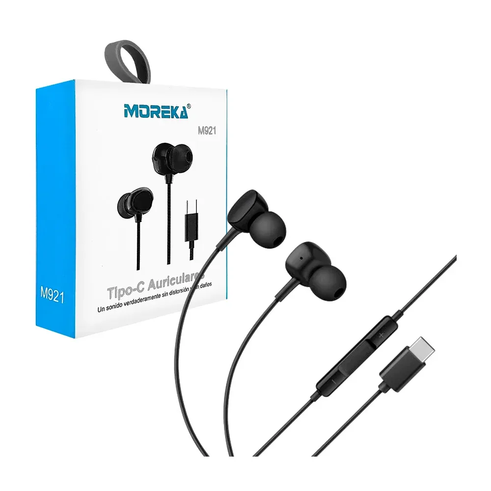 Auriculares moreka alámbricos manos libres con almohadillas de silicona ergonómica y cable de 120cm con entrada tipo c / m921